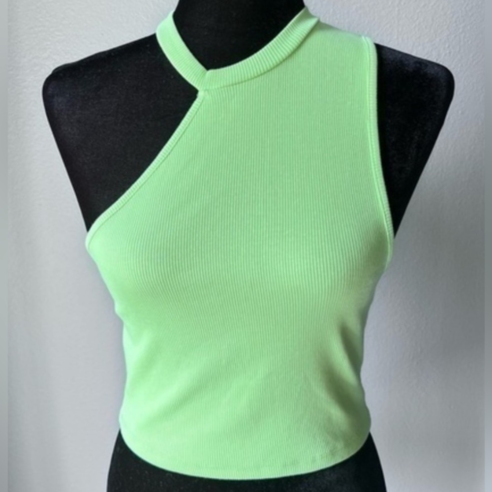 Zara Lime Green One Shoulder Ribbed Cropped Tank Top Size Small